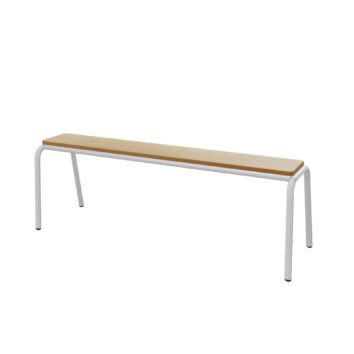 Banc indépendant de 200 cm, empilable avec piétement tube gris clair, plateau en mélaminé hêtre miel de 19 mm. Taille adulte, garantie 2 ans.