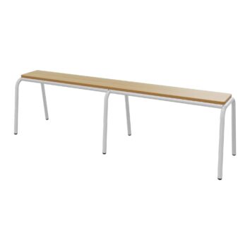 Banc indépendant de 200 cm en mélaminé hêtre miel, piètement tube 25mm gris clair. Stable et empilable, taille adulte, garantie 2 ans.