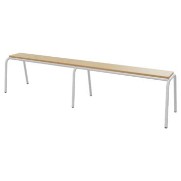 Banc indépendant de 200 cm, empilable, piétement tube gris clair, plateau mélaminé hêtre miel. Construction stable, taille adulte, garantie 2 ans.