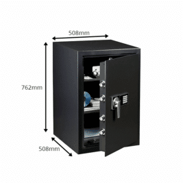 Coffre-fort anti-effraction HES XL 140 pour maison ou bureau, dimensions 762x508mm, ouvert, avec serrure électronique et étagères visibles.