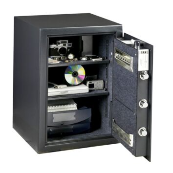 Coffre-fort anti-effraction HES XL 90 pour maison ou bureau, avec porte ouverte, montrant des objets sécurisés à l'intérieur.