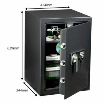 Coffre-fort anti-effraction HES XL 90 ouvert, dimensions visibles, adapté pour maison ou bureau, avec étagères sécurisées.