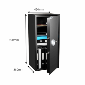 Petit coffre-fort anti-effraction HT 135 ouvert, dimensions 450x380x900mm, avec étagères et classeurs visibles à l'intérieur.