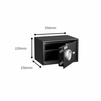 Petit coffre-fort anti-effraction HT 15 avec dimensions 350x250x220mm, porte ouverte montrant l'intérieur sécurisé.