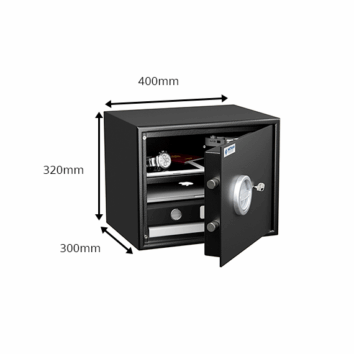 Petit-coffre-fort anti-effraction HT 30 ouvert, dimensions 400x320x300 mm, avec étagères et serrure sécurisée.