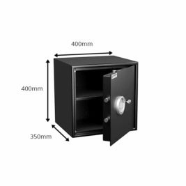 Petit coffre-fort anti-effraction HT 50 ouvert, dimensions 400x400x350 mm, couleur noire, avec serrure à combinaison.