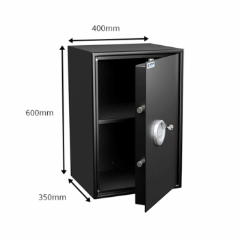 Petit coffre-fort anti-effraction HT 70 ouvert, dimensions 400x350x600 mm, intérieur avec étagère visible.
