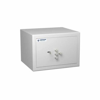 Coffre-fort anti-feu classe S2 conforme à la norme DIN 4102, modèle MB 30, couleur grise, avec serrure à clé et poignée.