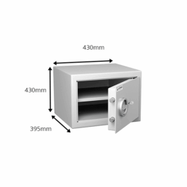 Coffre-fort anti-feu, norme DIN 4102, classe S2, modèle MB 30, dimensions 430x430x395mm, porte ouverte.