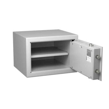 Coffre-fort anti-feu classe S2 selon norme DIN 4102, modèle MB 30, avec porte ouverte, montrant un intérieur à deux niveaux.