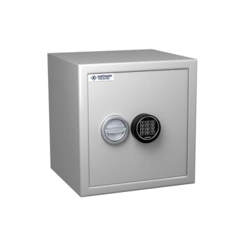 Coffre-fort anti-feu, norme DIN 4102, classe S2 MB 40, couleur grise, serrure à code numérique et clé.