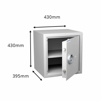 Coffre-fort anti-feu norme DIN 4102 classe S2 MB 40 avec dimensions 430x430x395mm, porte ouverte.