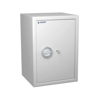 Coffre-fort anti-feu MB 60, norme DIN 4102, classe S2, couleur grise, avec serrure ronde et clé visible.