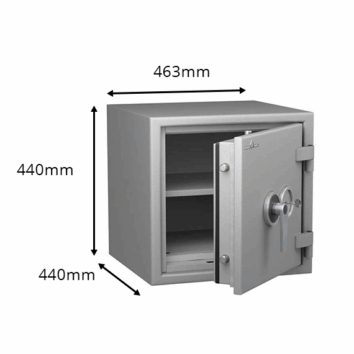 Coffre-fort ignifuge Protect Duo 1040 ouvert, dimensions 463x440x440mm, idéal pour documents papier, classe 1, valeur assurée 25000€.