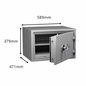 Coffre-fort ignifuge Protect Duo 1054 avec porte ouverte, dimensions 589x379x471mm, capacité de protection 60 minutes pour documents papier.