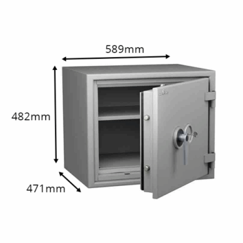Coffre-fort ignifuge Protect Duo 1066, classe 1, dimensions 589x482x471 mm, protection 60 min pour documents papier, valeur assurable 25 000€.