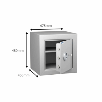 Coffre-fort Vulcain 40, anti-feu et anti-effraction, norme VDMA niveau B, dimensions 475x480x450mm, porte ouverte.