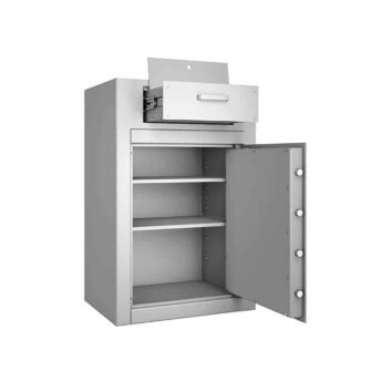 Coffre-fort Vulcain Dépôt 130 avec serrure A2P, porte ouverte et tiroir de dépôt, idéal pour sécuriser vos fonds.