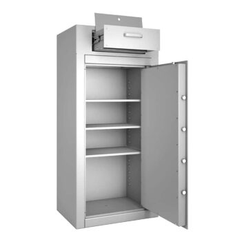 Coffre-fort dépôt Vulcain Dépôt 200 avec serrure A2P, porte ouverte.