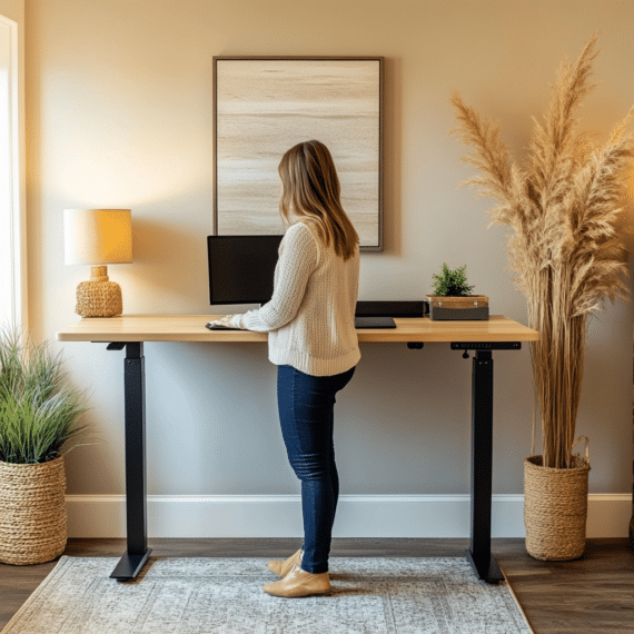 Bureau droit assis-debout électrique Healthet L180 cm avec deux moteurs, design moderne et fonctionnel.
