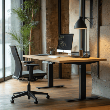 Bureau droit assis-debout électrique, ligne Healthet, en bois clair, L.200 cm, dans un espace moderne.