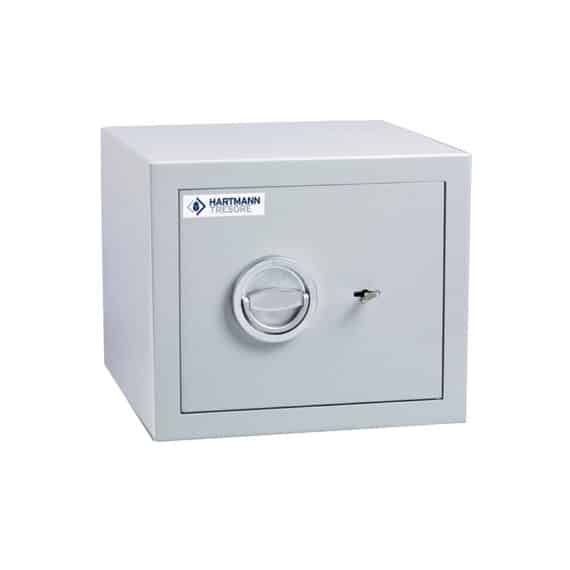 Petit coffre-fort anti-feu norme DIN 4102, classe S2, modèle MB 18, avec serrure à clé, finition grise.