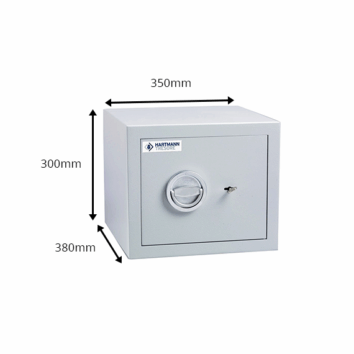 Petit coffre-fort anti-feu MB 18, norme DIN 4102, Classe S2, dimensions: 350x300x380 mm. Sécurisé avec clé et poignée.