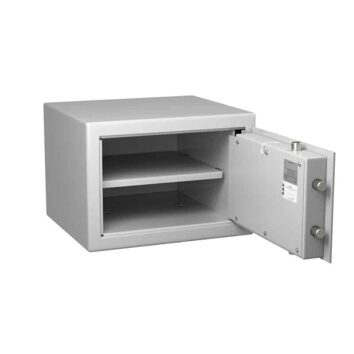 Petit coffre-fort anti-feu, norme DIN 4102, classe S2, modèle MB 18, ouvert, avec étagère intérieure visible.