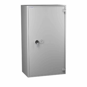 Coffre-fort gris pour bureau, référence PI0450, avec serrure sécurisée, vue de face. Capacité de stockage optimale pour documents. Robuste et élégant pour la sécurité.