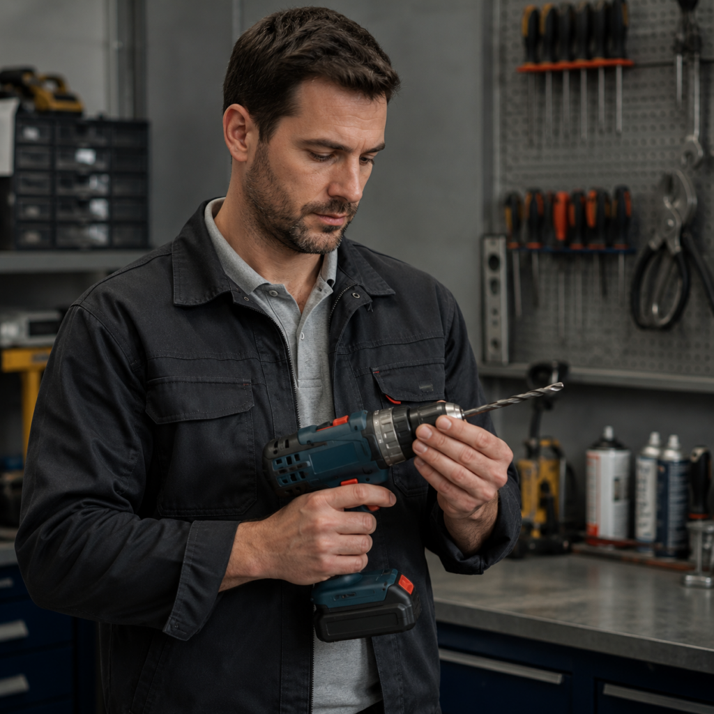 homme tenant une perceuse homme tenant une perceuse dans une atelier