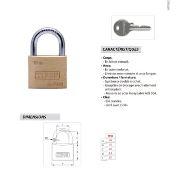 Cadenas en laiton et acier cémenté, anse 6mm, IFAM Tifon, sécurité renforcée.