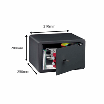 Mini coffre-fort de sécurité noir HES 10, dimensions 310x250x200mm, avec serrure à clés, porte entrouverte, contenu visible.