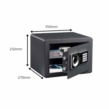 Mini coffre-fort de sécurité HES 15 avec serrure à code, dimensions 350x250x270mm, porte ouverte montrant intérieur spacieux.