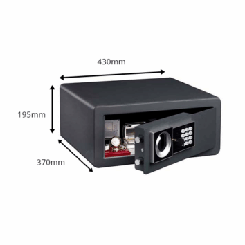 Petit coffre-fort de sécurité discret HES 25, serrure à code, dimensions 430x195x370mm, porte entrouverte montrant l'intérieur sécurisé.