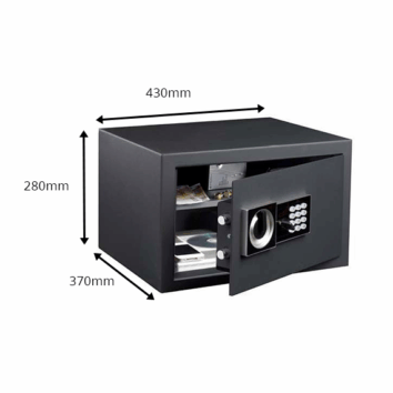 Petit coffre-fort de sécurité discret, HES 30, avec serrure à code, dimensions: 430x280x370mm, porte entrouverte.