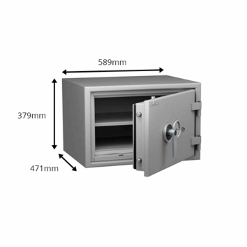 Coffre-fort Bindé Ignifuge, classe 0, 60 minutes, pour documents papier. Dimensions : 589x471x379 mm. Modèle Protect Duo 0054. Valeur assurée 8000€.
