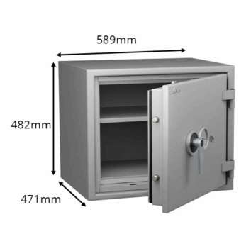 Coffre-fort blindé ignifuge Protect Duo 0066, dimensions 589x482x471mm, classe 0, protège documents papier, valeur assurée jusqu'à 8000€.