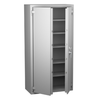 Armoire forte blindée Star Protect 900 ouverte, montrant des étagères pour sécuriser des documents contre le vol et l'espionnage industriel.