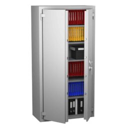 Armoire forte blindée Star Protect 900, ouverte avec dossiers colorés, anti-vol et anti-espionnage industriel.
