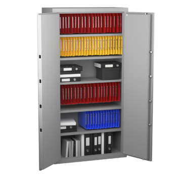 Armoire forte blindée Star Protect 900 pour documents, anti-vol et anti-espionnage industriel, avec dossiers colorés et classeurs sécurisés.