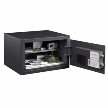 Petit coffre-fort de sécurité HES 30 ouvert, serrure à code, rangement discret.