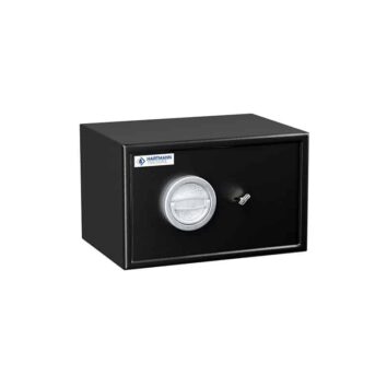 Petit coffre-fort noir anti-effraction HT 15, serrure à clé et cadran argenté, sécurisé pour la protection de vos biens précieux.