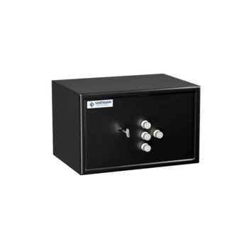 Petit coffre-fort anti-effraction HT 15 noir avec serrure à clé et boutons rotatifs, idéal pour sécuriser vos biens.