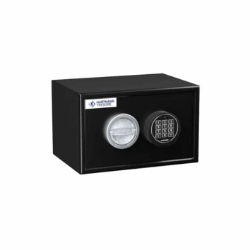 Petit coffre-fort anti-effraction HT 15 noir avec serrure électronique et à clé. Sécurité optimale pour vos biens précieux.