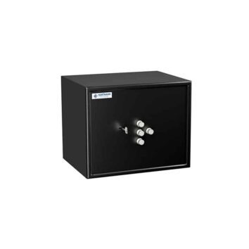Petit coffre-fort noir anti-effraction HT 30 avec serrure à combinaison. Sécurité renforcée pour vos biens précieux.