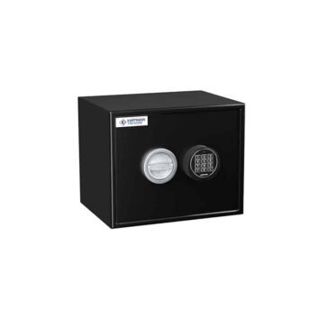 Petit coffre-fort noir Hartmann Tresore HT 30, avec serrure à combinaison digitale et poignée ronde, anti-effraction.