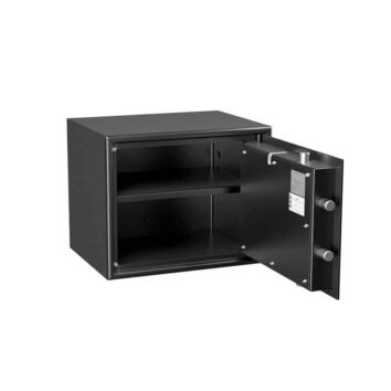 Petit coffre-fort anti-effraction HT 30 ouvert, montrant des étagères robustes et des boulons de sécurité.