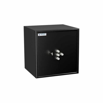 Petit coffre-fort anti-effraction HT 50 noir, robuste, avec serrure à clés et quatre pênes visibles.