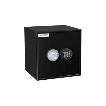 Petit coffre-fort noir HT 50 avec verrou électronique et clé, anti-effraction, parfait pour sécuriser vos objets de valeur.