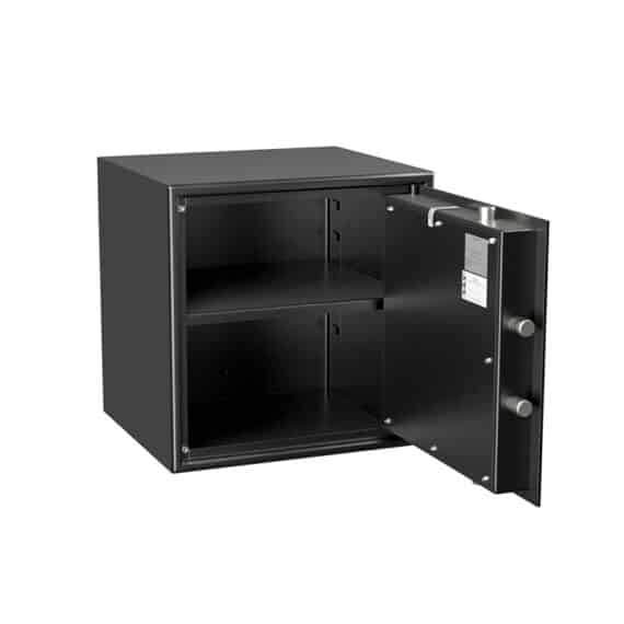 Petit coffre-fort anti-effraction HT 50 noir ouvert, montrant deux étagères intérieures. Sécurisé et robuste pour protéger vos biens.